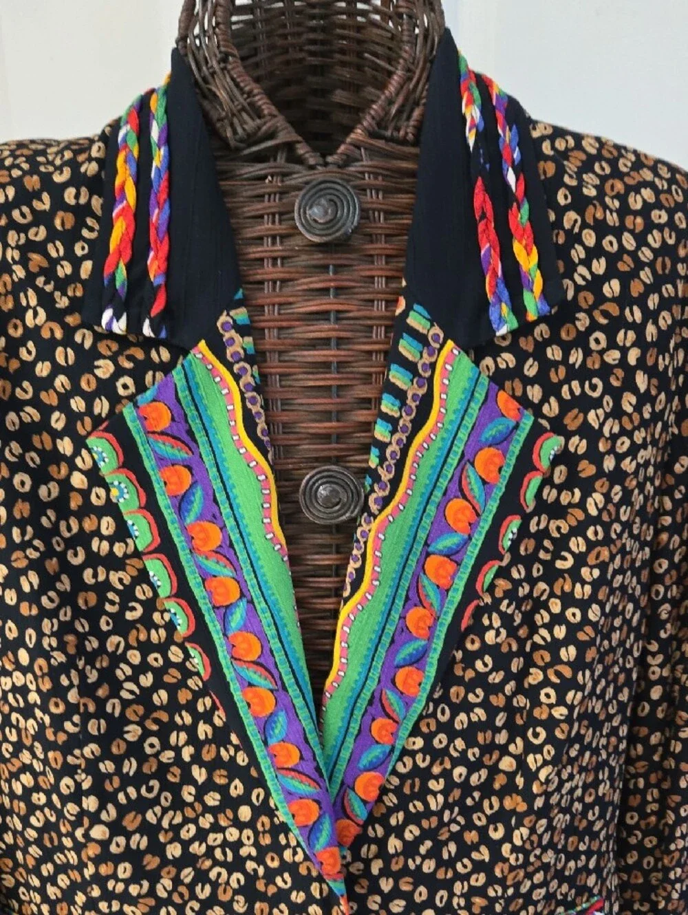 Carole Little Black Leopard Print Blazer with Colorful Embroidered Trim-Size 12 - Picture 3 of 13